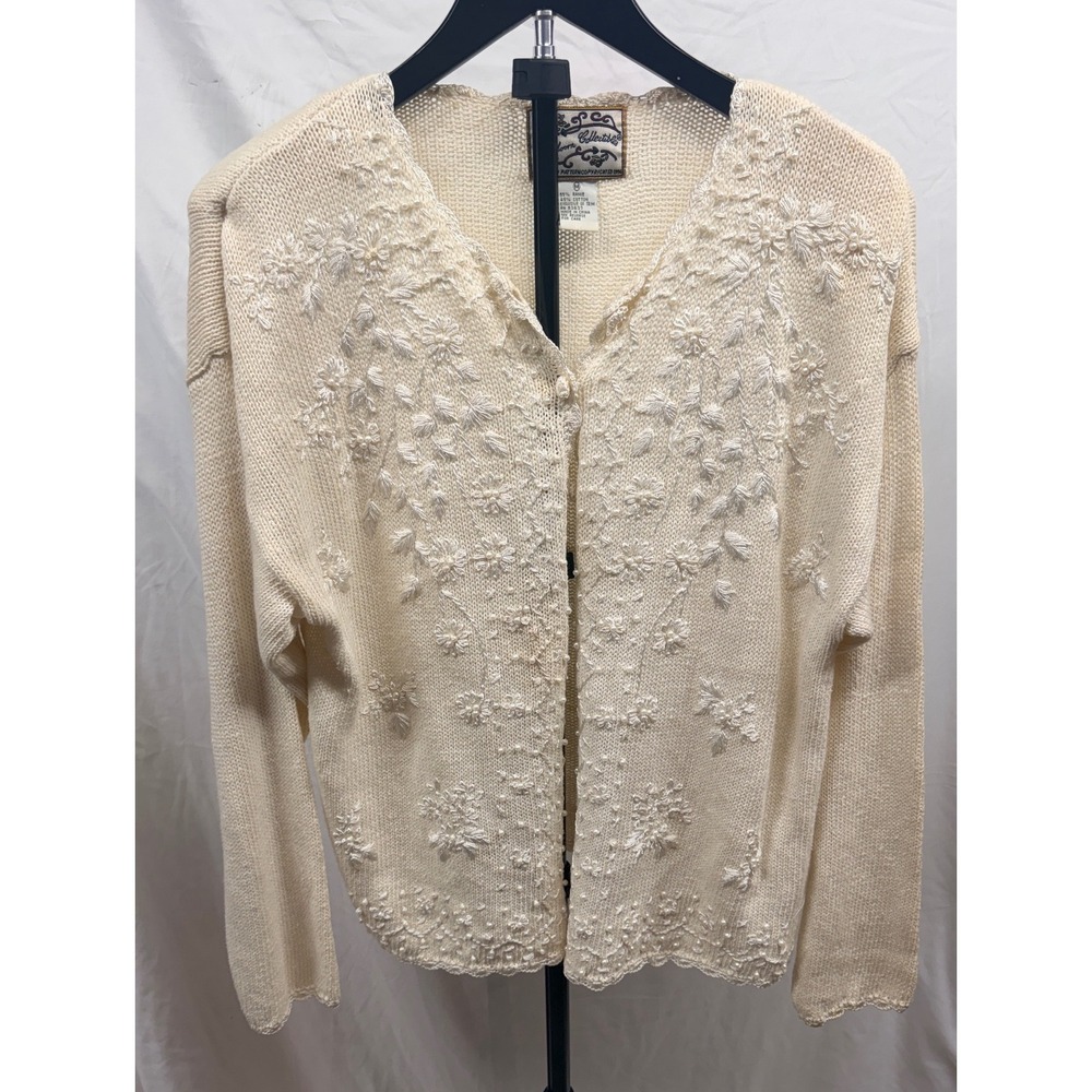 Heirloom Collectible Vintage Cream Floral Embroidered Pearl Cardigan Sweater M